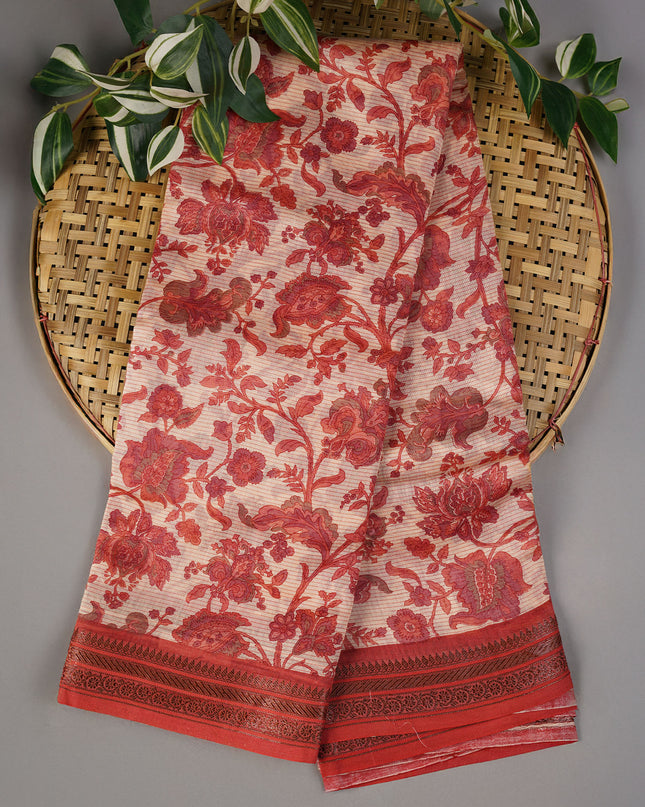 Chanderi Silk Allover Print With Antique Zari Border - Pink