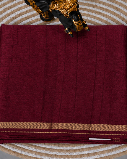 Tusser Silk Saree with Weaving Thread Stripes and  Small Golden Zari Border  -  Maroon