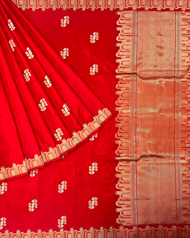 Kathan Silk Saree With All over Gold Zari Buttes and Golden Zari Weaving Border - Red