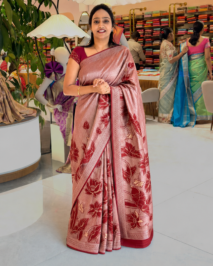 Heritage Banaras Saree With Gold and Silver Zari Weaving Lotus Design -Red