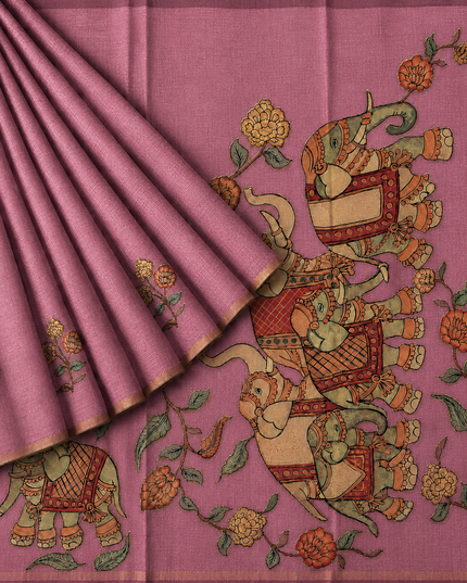 Linen Tissue Saree With Applique Work small Zari Border -  Onion Pink