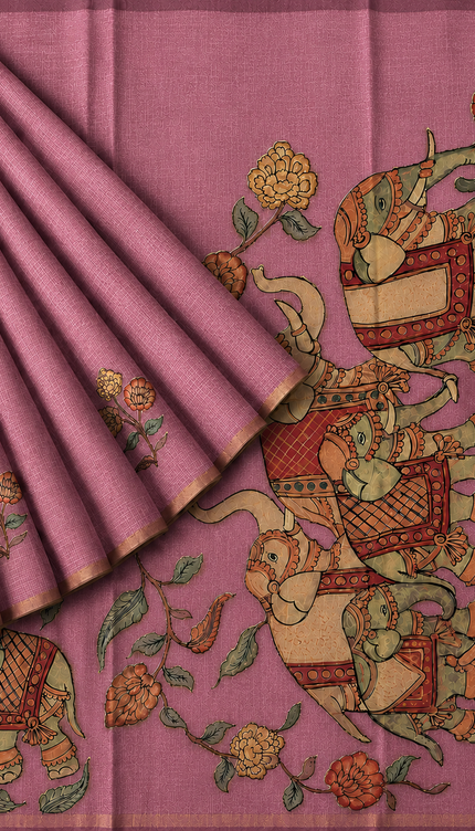 Linen Tissue Saree With Applique Work small Zari Border -  Onion Pink