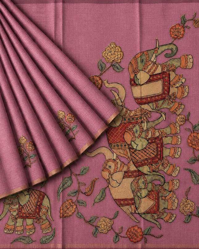 Linen Tissue Saree With Applique Work small Zari Border -  Onion Pink