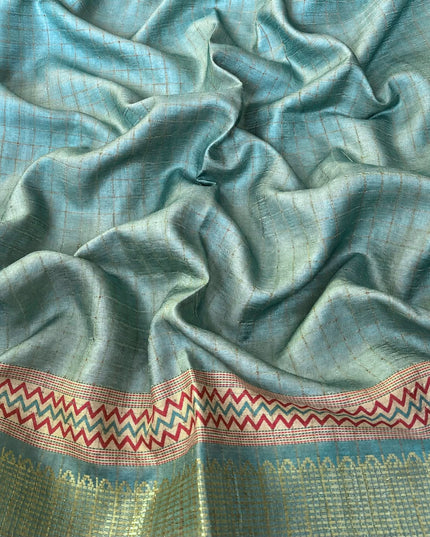 Tusser Saree with Floral and Golden Checks Design and Golden  Border -  Sage Green