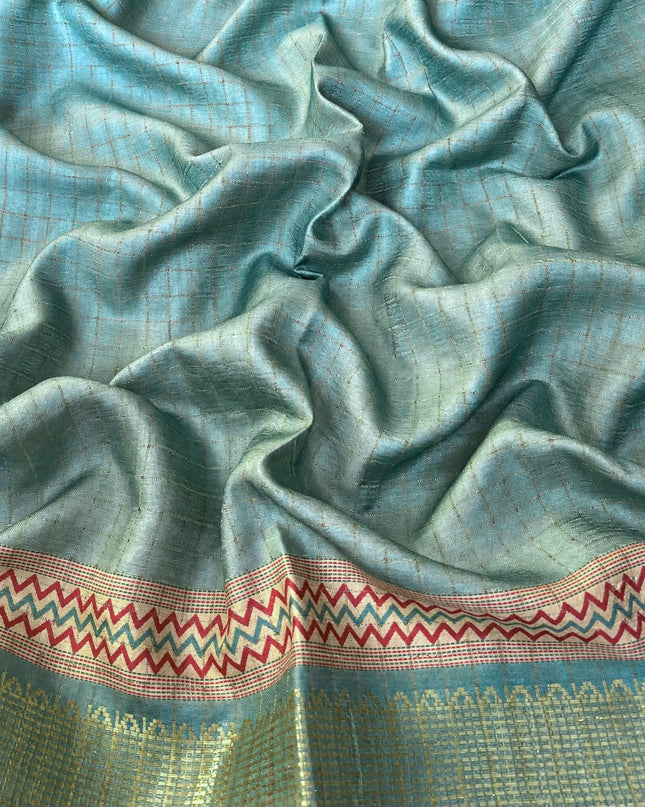 Tusser Saree with Floral and Golden Checks Design and Golden  Border -  Sage Green
