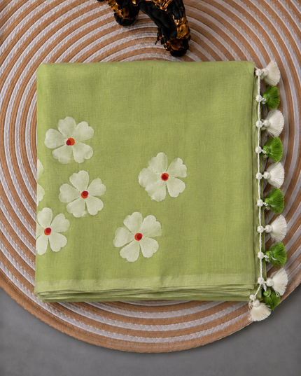 Mul cotton saree and Hand Painting with Tassels-  Green