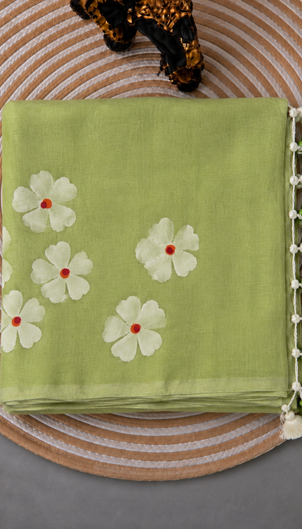 Mul cotton saree and Hand Painting with Tassels-  Green
