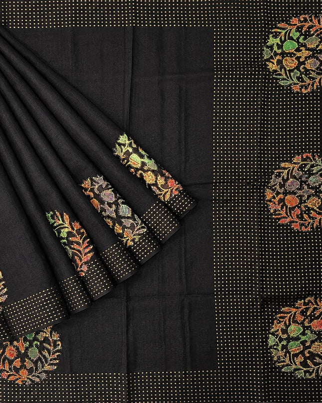 Tusser Saree with Kantha Work - Black