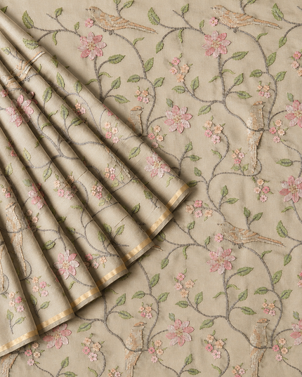 Chanderi Saree with Thread Embroidery Work and Contrast  Border-  Beige