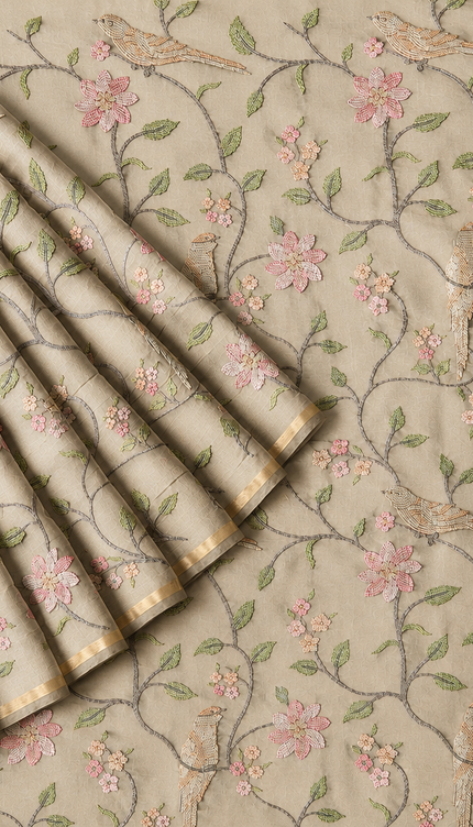 Chanderi Saree with Thread Embroidery Work and Contrast  Border-  Beige
