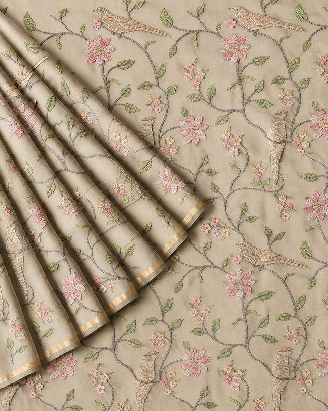 Chanderi Saree with Thread Embroidery Work and Contrast  Border-  Beige