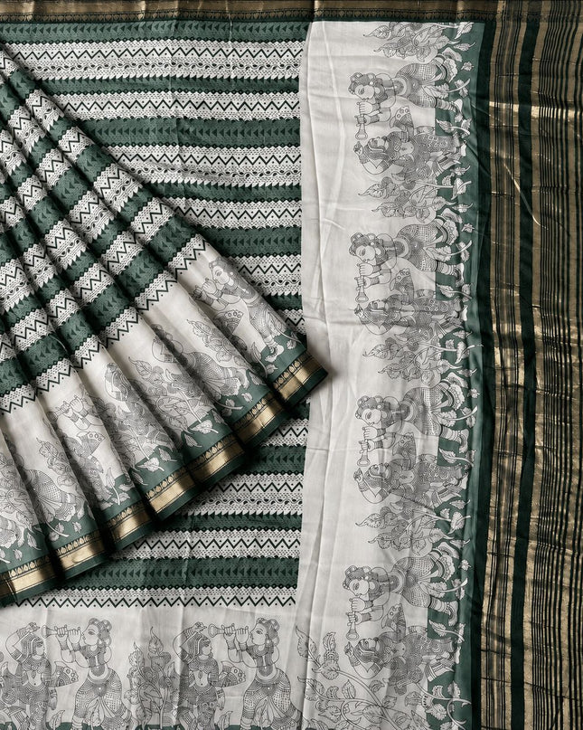 Muslin Silk Saree With  Geometrically Print and  Kalamkari Print and Golden Border - Green