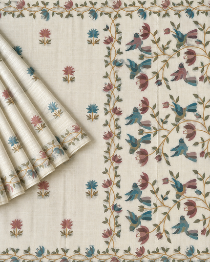Jamdani saree with Allover Floral Design with Tassels -  Cream & Rust
