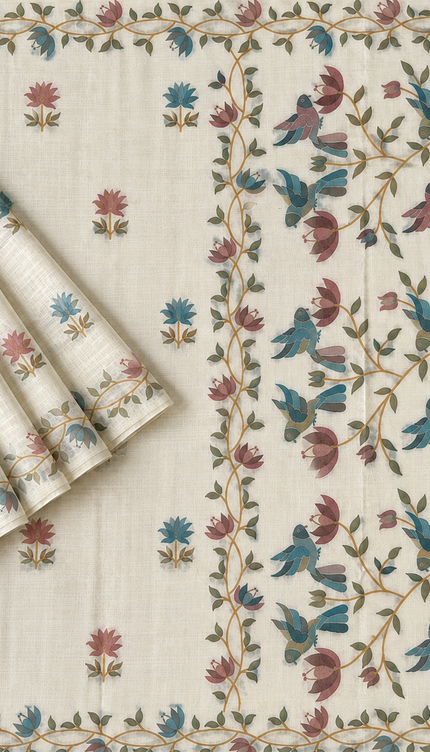 Jamdani saree with Allover Floral Design with Tassels -  Cream & Rust