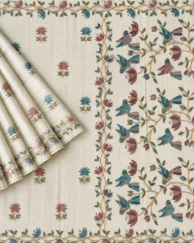 Jamdani saree with Allover Floral Design with Tassels -  Cream & Rust