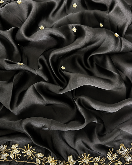 Crepe Saree With Floral Print and Karahan  Pearl Work Border- Black