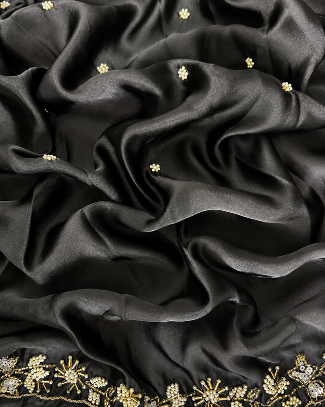 Crepe Saree With Floral Print and Karahan  Pearl Work Border- Black