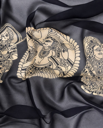 Georgette Saree With Kalmkari Print and Scallop Border and Mirror Work  - Navy