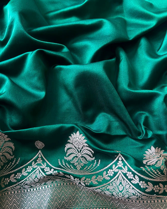 Mashru Banaras saree with All over Gold Zari Weaving Buttes and Zari Scallop Border - Bottle Green