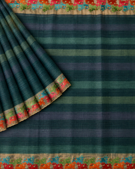 Linen Tissue Saree with Multi Stripes and Pichwai Border - Light Blue