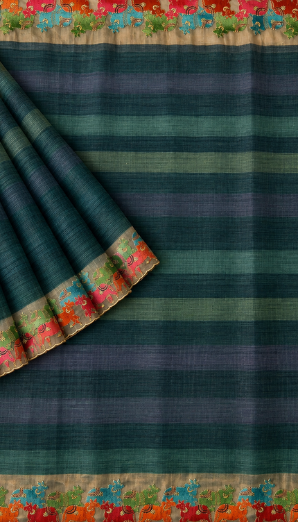 Linen Tissue Saree with Multi Stripes and Pichwai Border - Light Blue