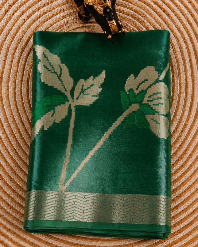 Chanderi  Silk Saree with All over Jamdani weaving style and golden Zari border - Sage Green