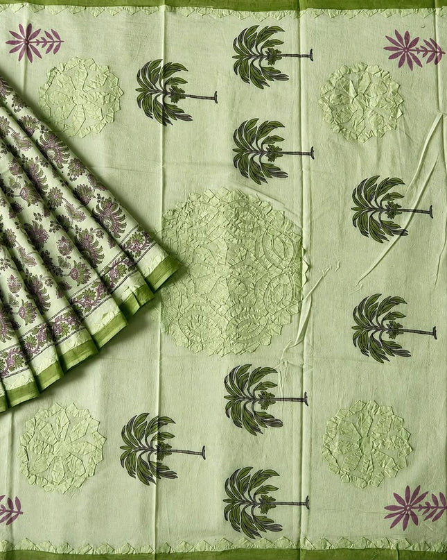 Mul Cotton Saree with Hand Block Print and Applique  Border- Green
