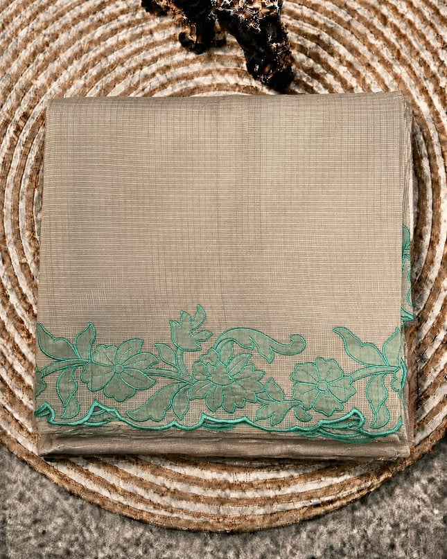 Kota Silk Saree with Contrast  Thread Embroidery Cut Work Border  - Beige & Sea Green