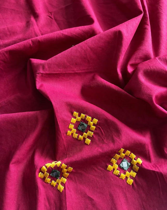 Kota Cotton Saree With Cross Stich Work With Mirror work and piping Border -Mustard