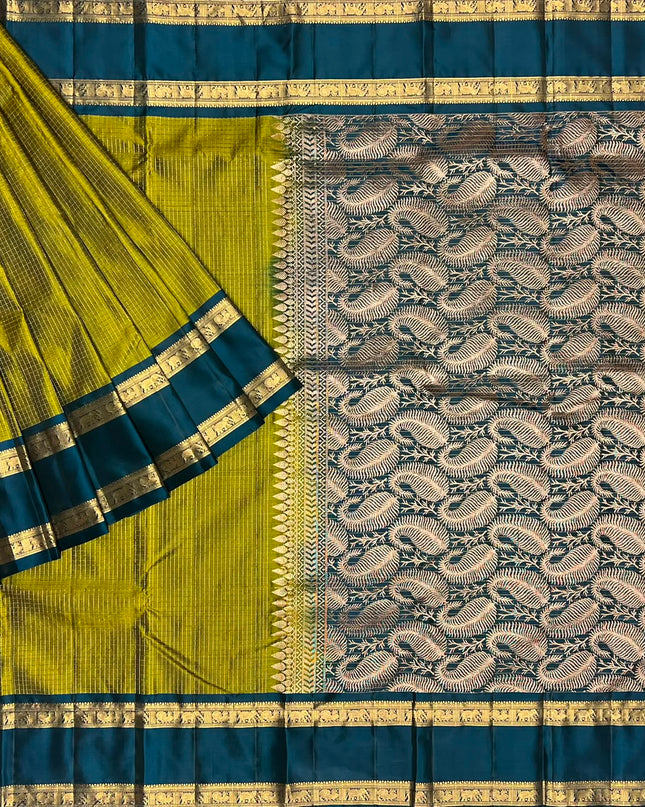Pure Kanchi Pattu Saree With Allover Checks And Gap Border - Mehandi Green