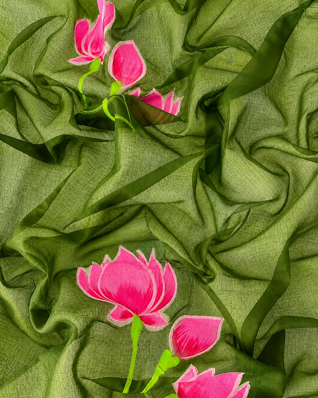 Mul cotton saree with Hand Painting  - Green
