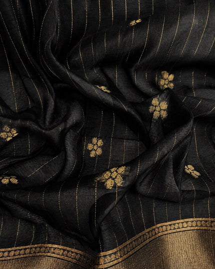 Kora Saree All over Check Design With Golden Border - Black