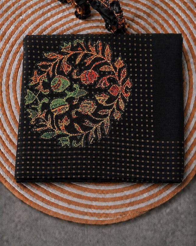 Tusser Saree with Kantha Work - Black