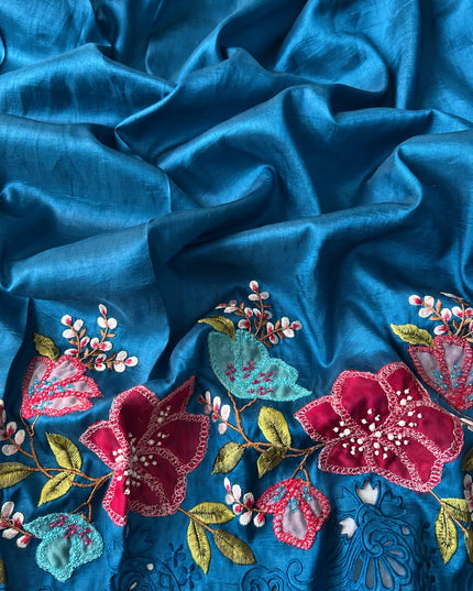 Dupion Silk  Saree with Applique work and Cut work Border - Peacock Blue