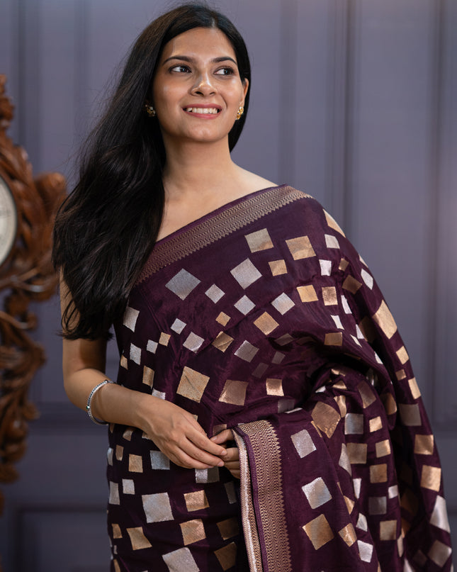 Banaras Silk Saree Gold & Silver Zari Butties and Border - Wine