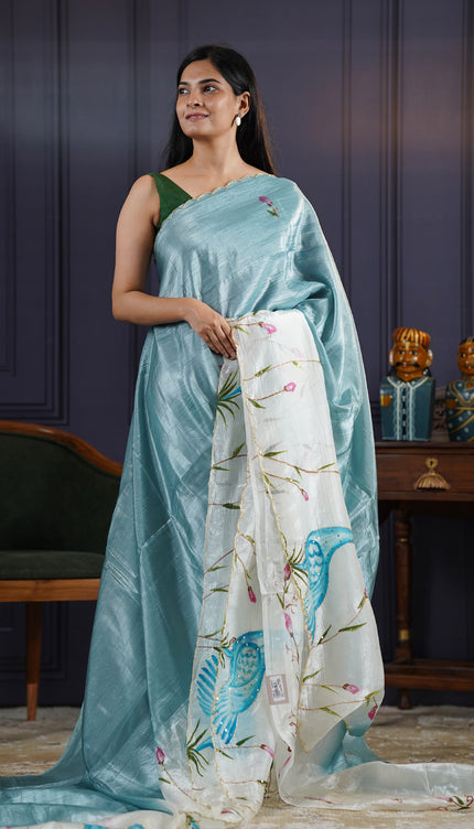 Russian Silk Saree Hand Painting Design With Kardana & Sequence Work Scallop Border With Pearl Work- Sky blue