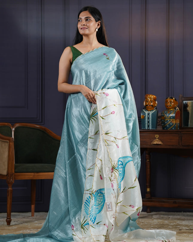 Russian Silk Saree Hand Painting Design With Kardana & Sequence Work Scallop Border With Pearl Work- Sky blue