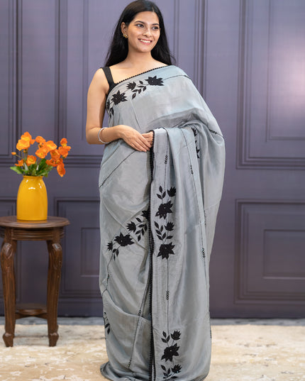 Russian Crepe Saree With Kardhana  Work  Lace Border - Grey
