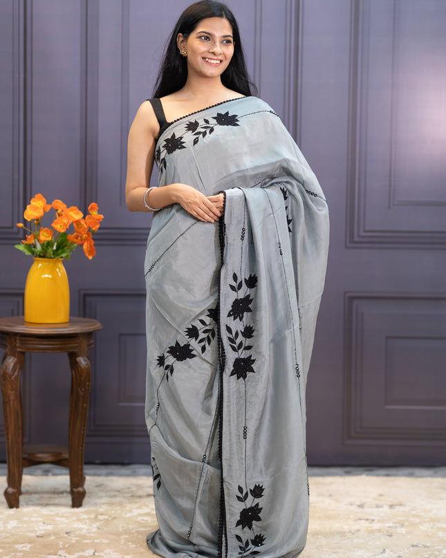 Russian Crepe Saree With Kardhana  Work  Lace Border - Grey