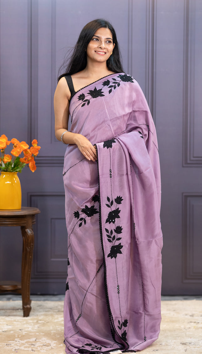 Russian Crepe Saree With Kardhana  Work  Lace Border - Lavender