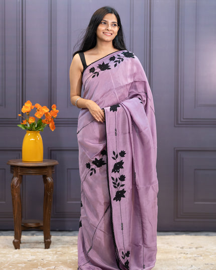 Russian Crepe Saree With Kardhana  Work  Lace Border - Lavender