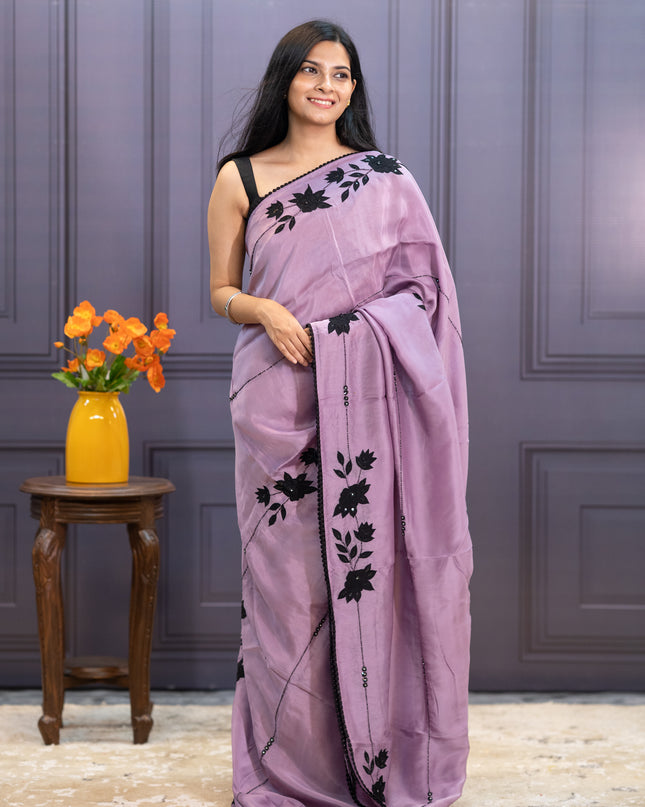 Russian Crepe Saree With Kardhana  Work  Lace Border - Lavender