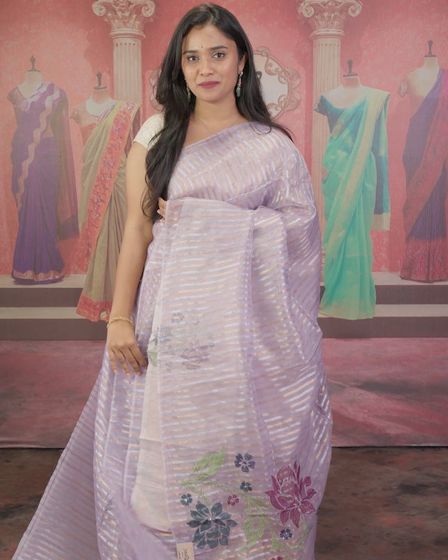 Soft Organza saree with Gold & Silver lines and Embroidery Thread work