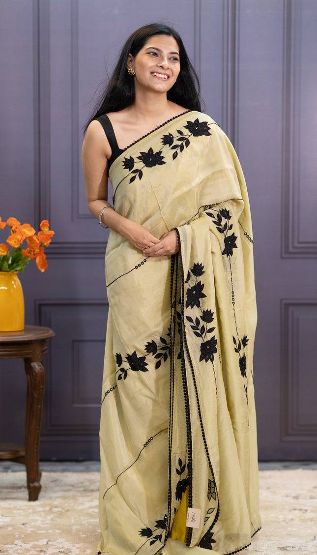 Russian Crepe Saree With Kardhana  Work  Lace Border - Beige