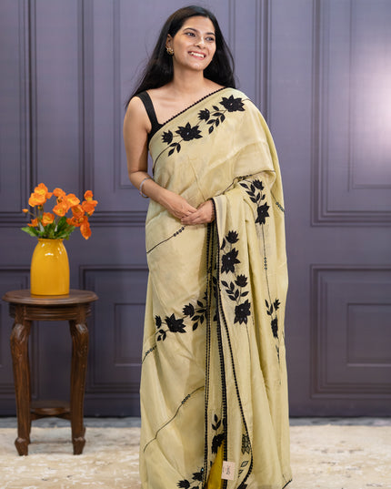 Russian Crepe Saree With Kardhana  Work  Lace Border - Beige