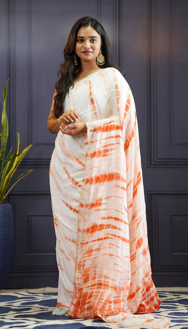 Soft Silk Crepe Shibori Print with Scallop Border-Orange
