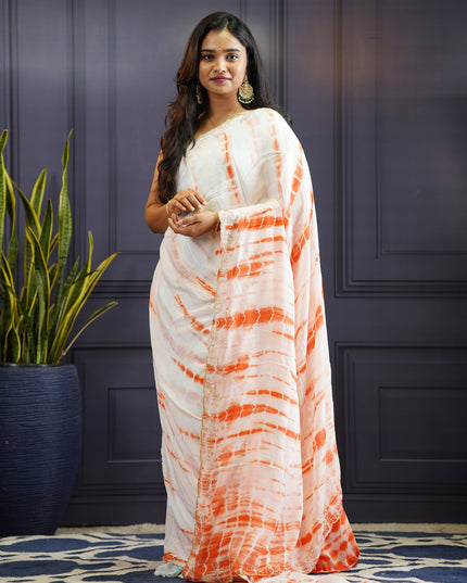 Soft Silk Crepe Shibori Print with Scallop Border-Orange