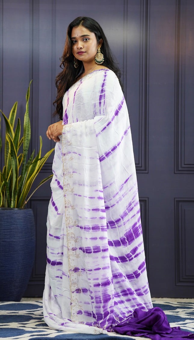 Soft Silk Crepe Shibori Print with Scallop Border-Violet