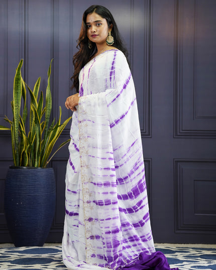 Soft Silk Crepe Shibori Print with Scallop Border-Violet