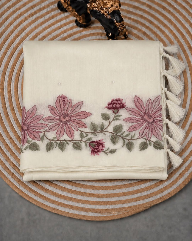 Jute Tusser Silk Saree With Cross Stich Work - White